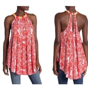 NWT Free People Sleeveless Print Hi low Tunic Linen Blend Top Shirt Size Small